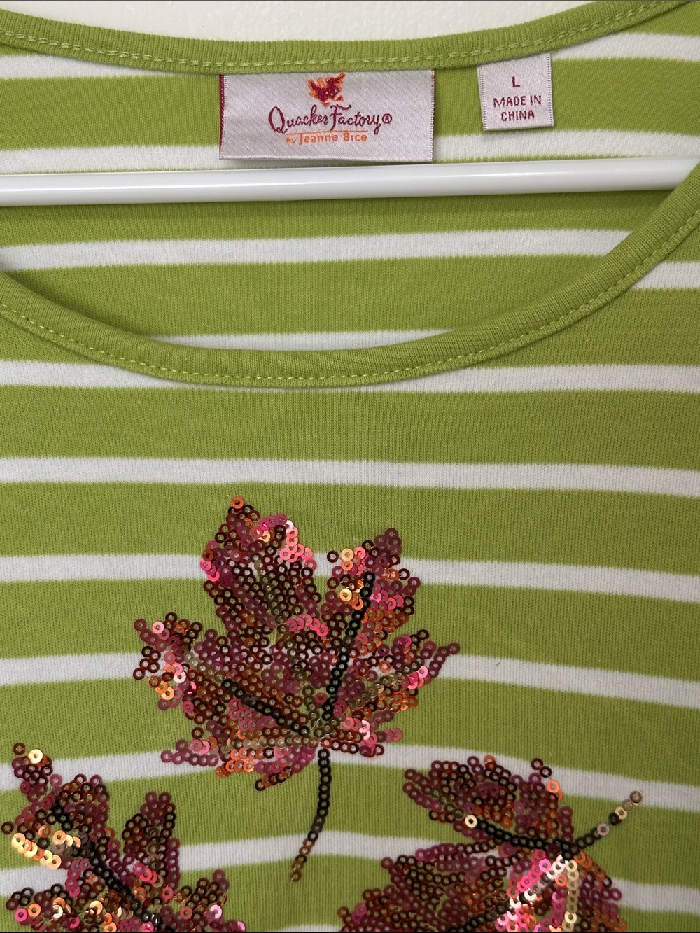 Quacker Factory Green & White Striped Top with Sequin Leaf Motif - Picture 3 of 4